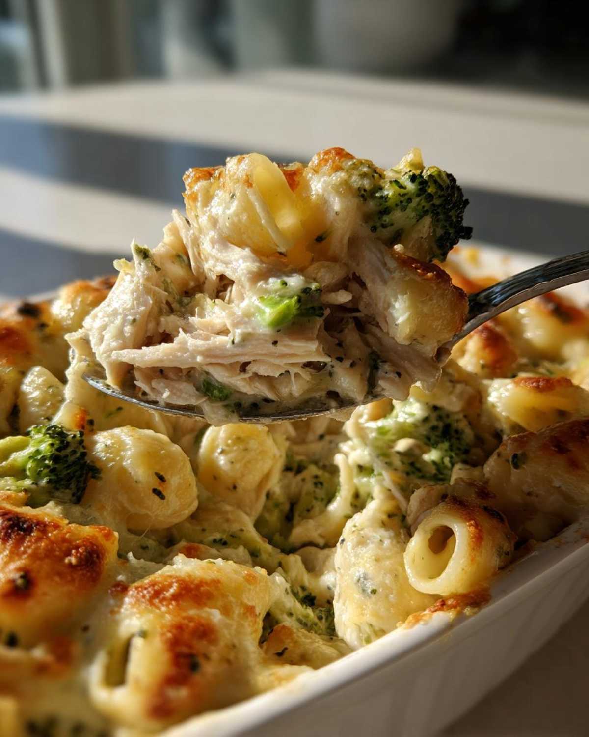 A spoonful of creamy Cheesy Chicken and Broccoli Pasta Bake lifted from a white baking dish, showing shredded chicken and melted cheese.