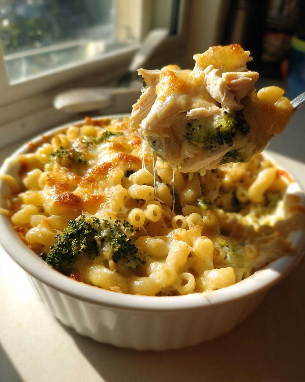 A spoonful of Cheesy Chicken and Broccoli Pasta Bake showing melted cheese and shredded chicken being lifted from a white ramekin.