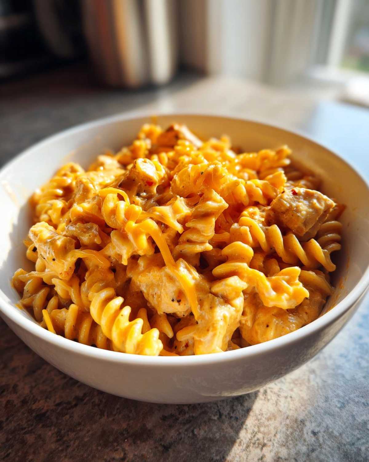 A close-up of a white bowl filled with Cheesy Chicken Queso Pasta made with rotini pasta and chunks of chicken.