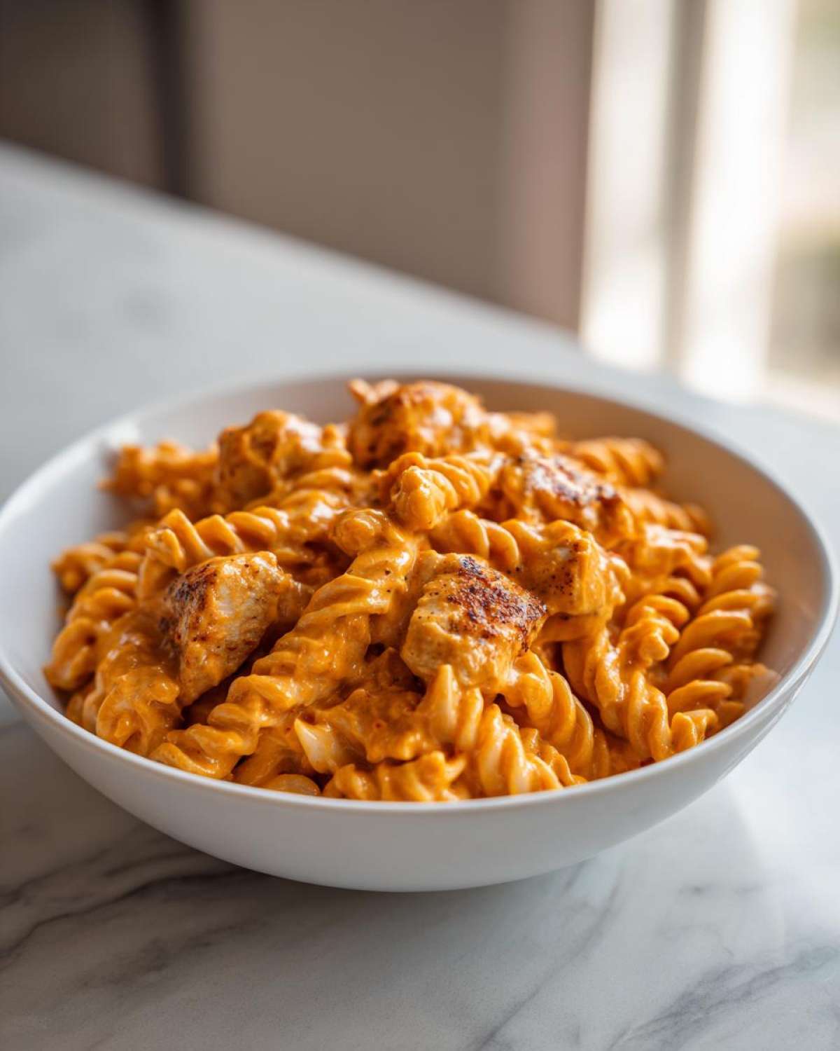A white bowl filled with Cheesy Chicken Queso Pasta featuring rotini noodles coated in a rich orange sauce and topped with seasoned chicken chunks.