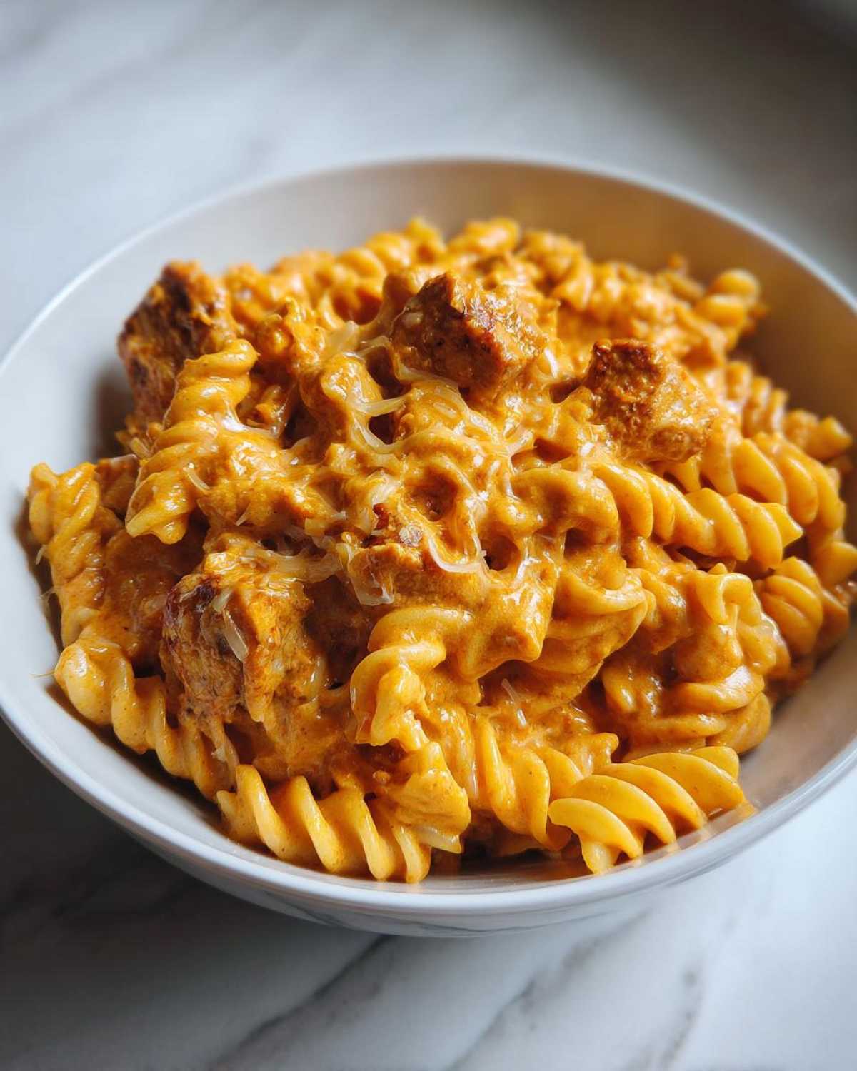 Close-up of Cheesy Chicken Queso Pasta featuring rotini pasta coated in a rich orange sauce with chunks of chicken.