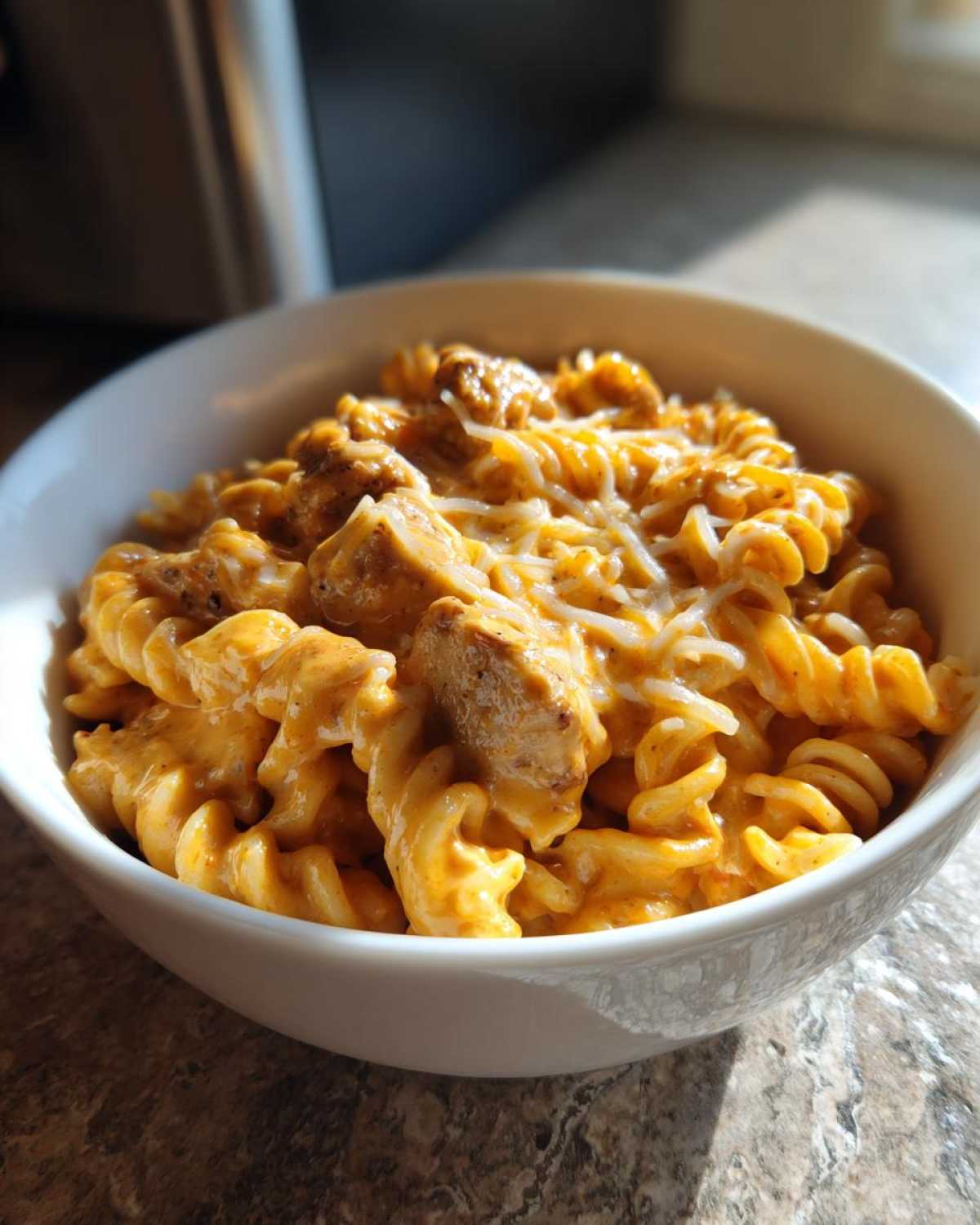 A close-up of a white bowl filled with Cheesy Chicken Queso Pasta, featuring rotini pasta, chunks of chicken, and melted shredded cheese.