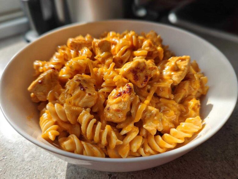 A close-up of a white bowl filled with creamy Cheesy Chicken Queso Pasta using rotini noodles and chunks of seasoned chicken.