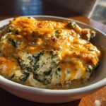 Close-up of a serving of Cheesy Chicken and Spinach Bake Comfort Meal topped with melted, slightly browned cheddar cheese.