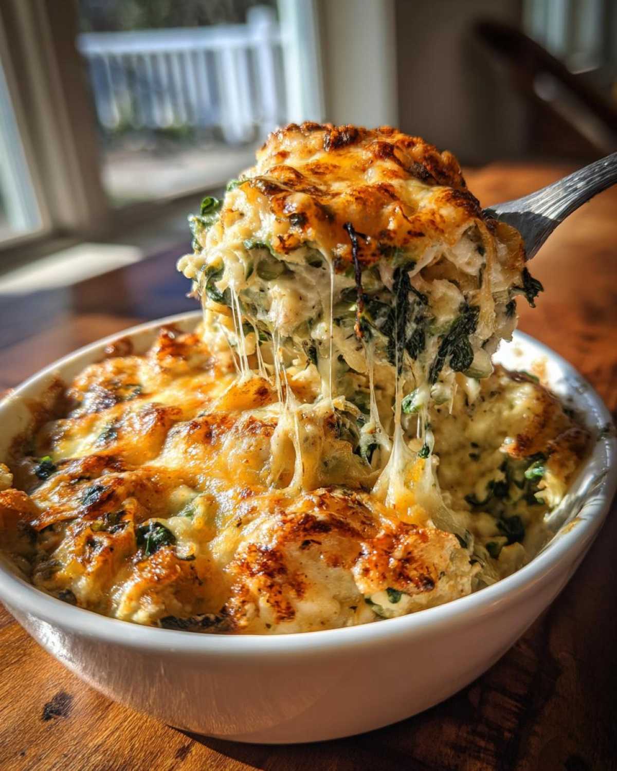 A spoonful of Cheesy Chicken and Spinach Bake Comfort Meal showing a dramatic cheese pull.