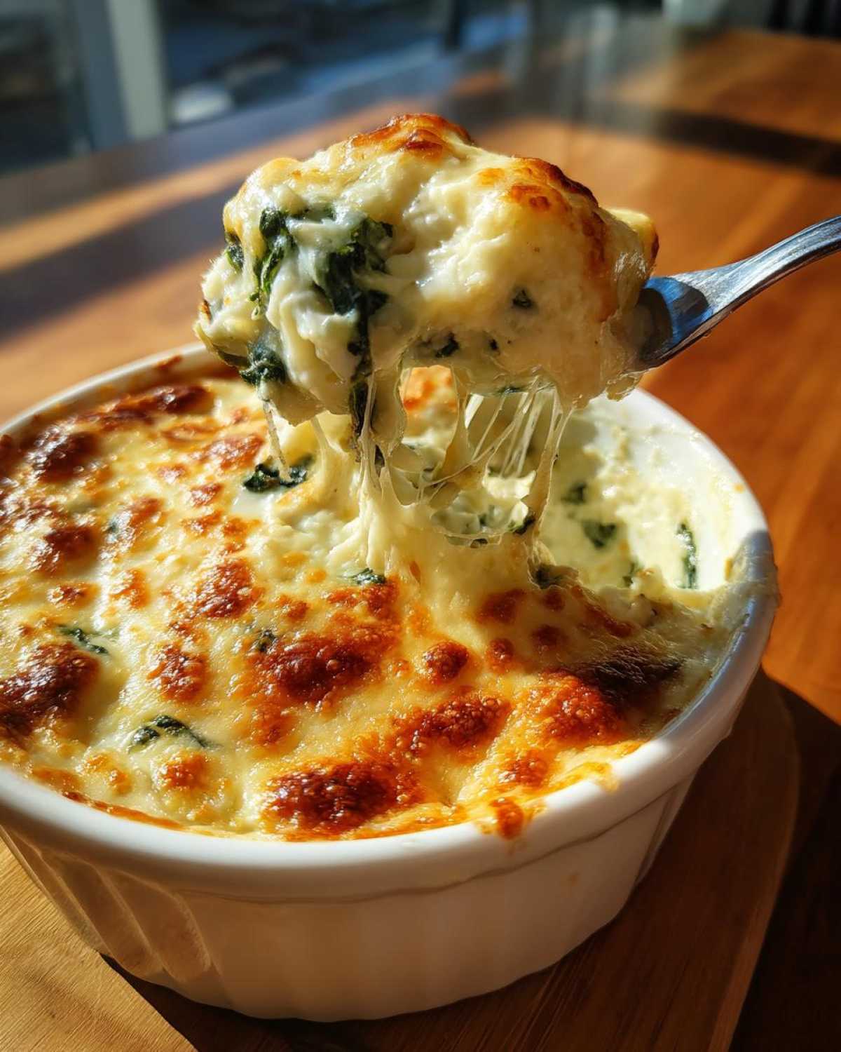 A spoonful of Cheesy Chicken and Spinach Bake Comfort Meal showing extreme cheese pull from a white ramekin.