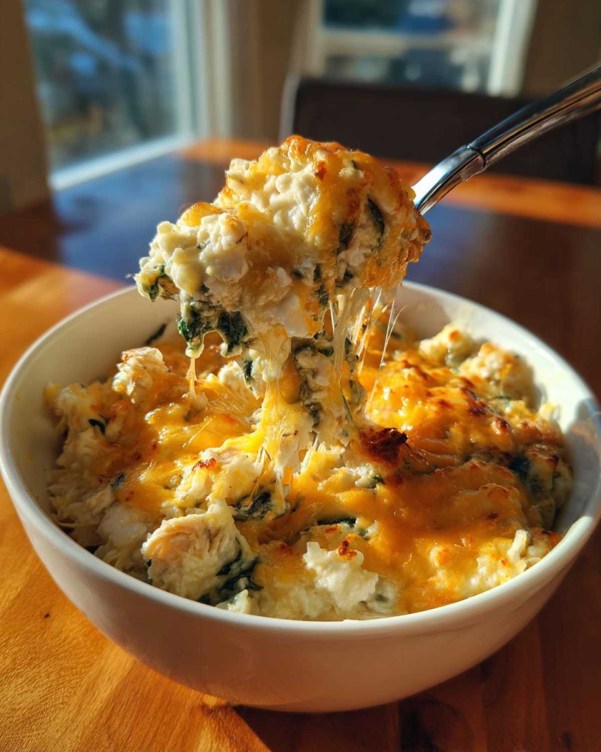 A spoonful of Cheesy Chicken and Spinach Bake Comfort Meal showing a dramatic cheese pull over the white serving bowl.