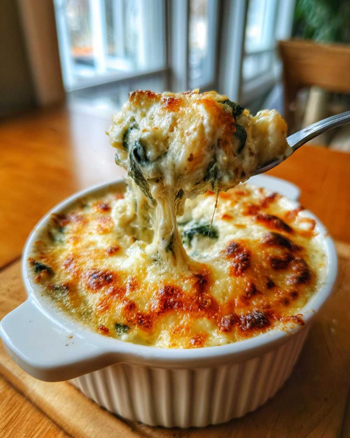 A spoonful of Cheesy Chicken and Spinach Bake Comfort Meal showing a dramatic cheese pull from the bubbling, browned top.