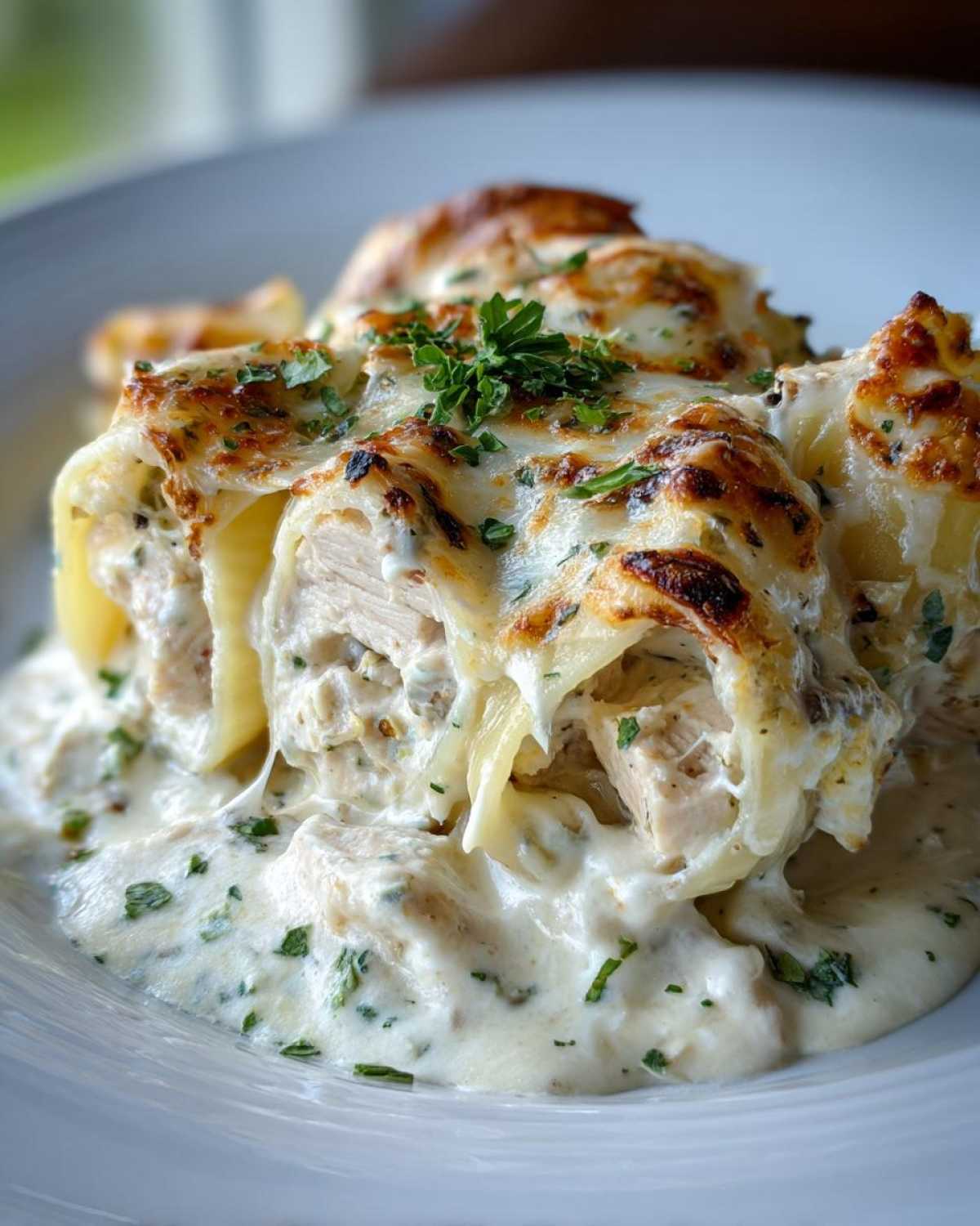 Close-up of Cheesy Chicken Stuffed Pasta with Cream Sauce, showing melted cheese and chicken filling.
