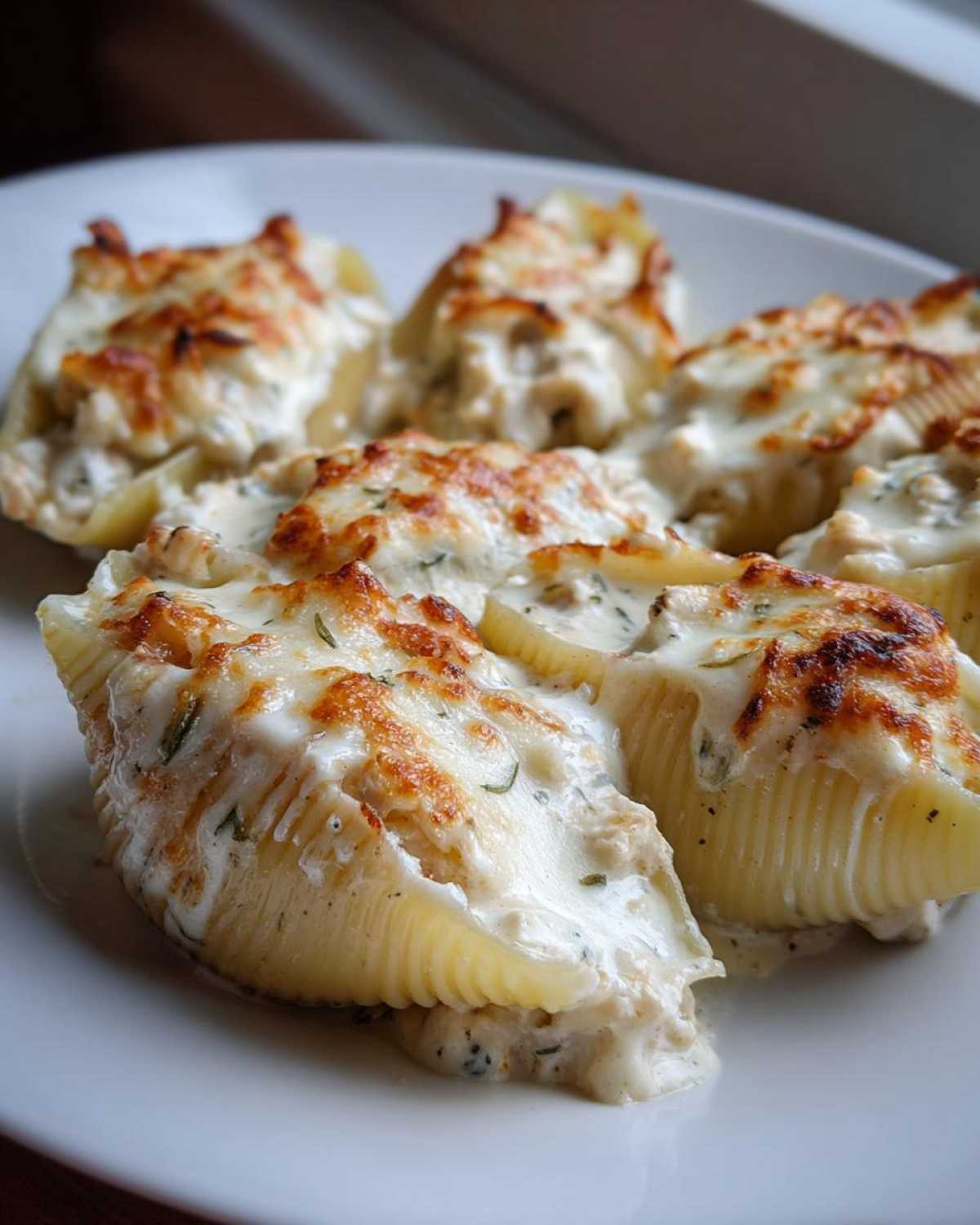Close-up of baked Cheesy Chicken Stuffed Pasta with Cream Sauce, featuring golden melted cheese topping.