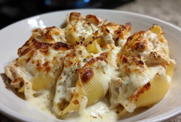 Close-up of baked Cheesy Chicken Stuffed Pasta shells covered in melted, browned cheese and creamy sauce.