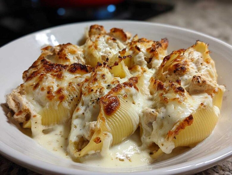 Close-up of baked Cheesy Chicken Stuffed Pasta shells covered in melted, browned cheese and creamy sauce.