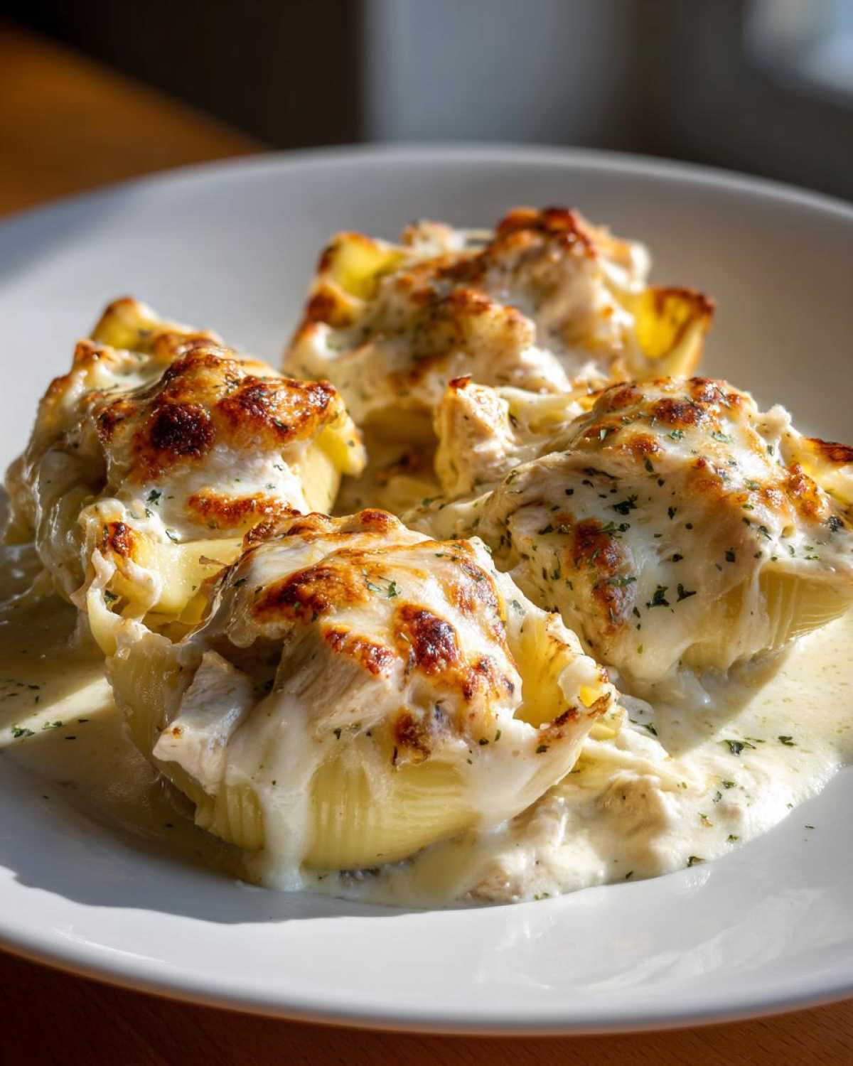 Four jumbo shells of Cheesy Chicken Stuffed Pasta with Cream Sauce, baked with a golden, bubbly cheese topping.