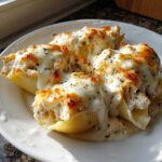 Three baked jumbo pasta shells filled with chicken and covered in melted, browned cheese, representing Cheesy Chicken Stuffed Pasta with Cream Sauce.