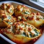 Close-up of baked Cheesy Chicken Stuffed Shells with Spinach, topped with melted cheese and parsley.