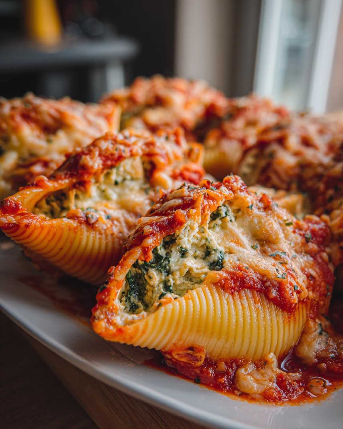 Close-up of baked Cheesy Chicken Stuffed Shells with Spinach, covered in marinara sauce and melted cheese.
