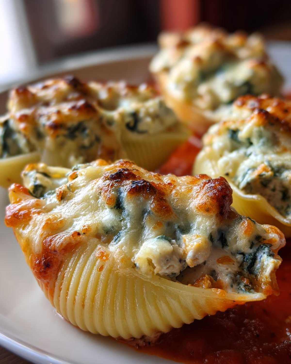 Close-up of baked Cheesy Chicken Stuffed Shells with Spinach topped with melted, browned cheese, resting in tomato sauce.