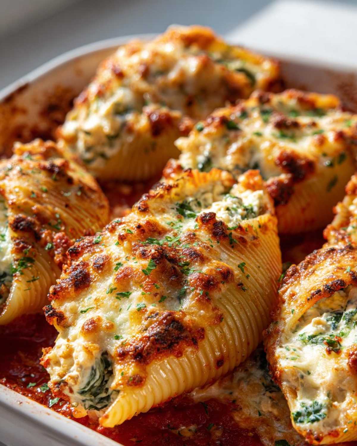 Close-up of baked Cheesy Chicken Stuffed Shells with Spinach topped with browned cheese and parsley.