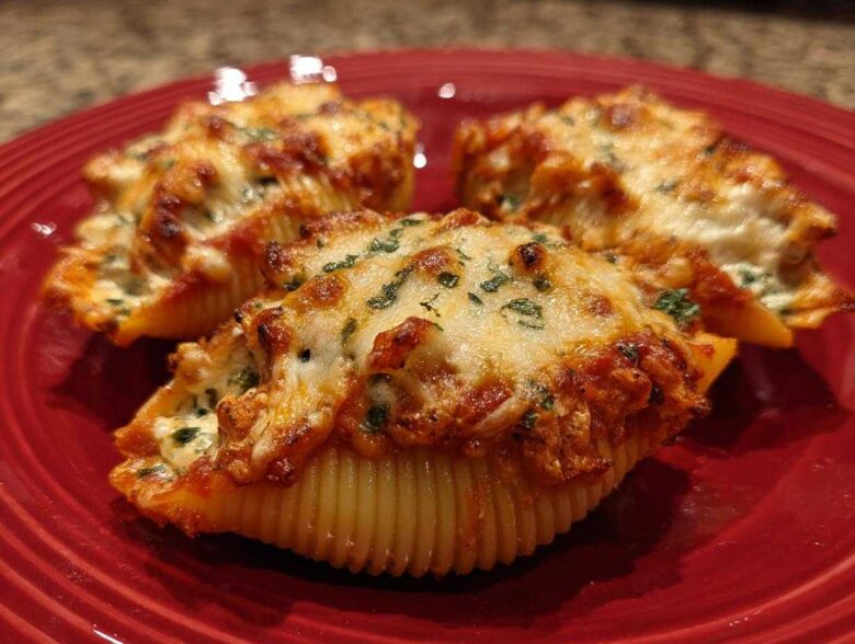 Three baked Cheesy Chicken Stuffed Shells with Spinach, topped with melted, browned cheese and parsley on a red plate.