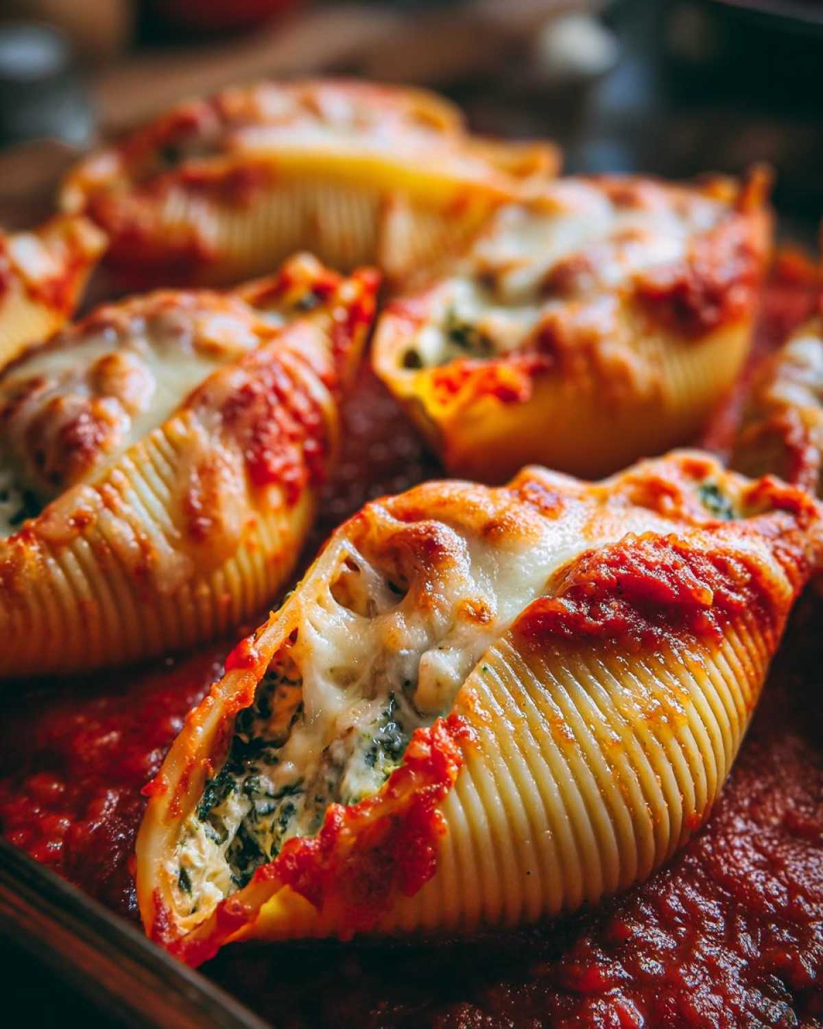 Close-up of baked Cheesy Chicken Stuffed Shells with Spinach, covered in melted mozzarella and marinara sauce.