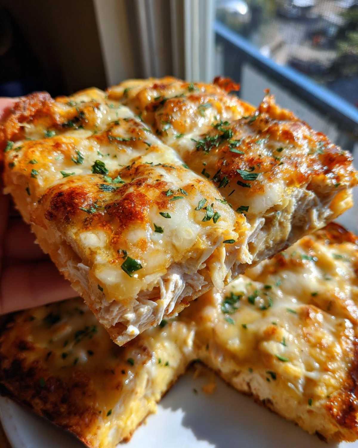 Close-up of a slice of Cheesy Chicken Tortilla Bake showing shredded chicken and melted, browned cheese topping.