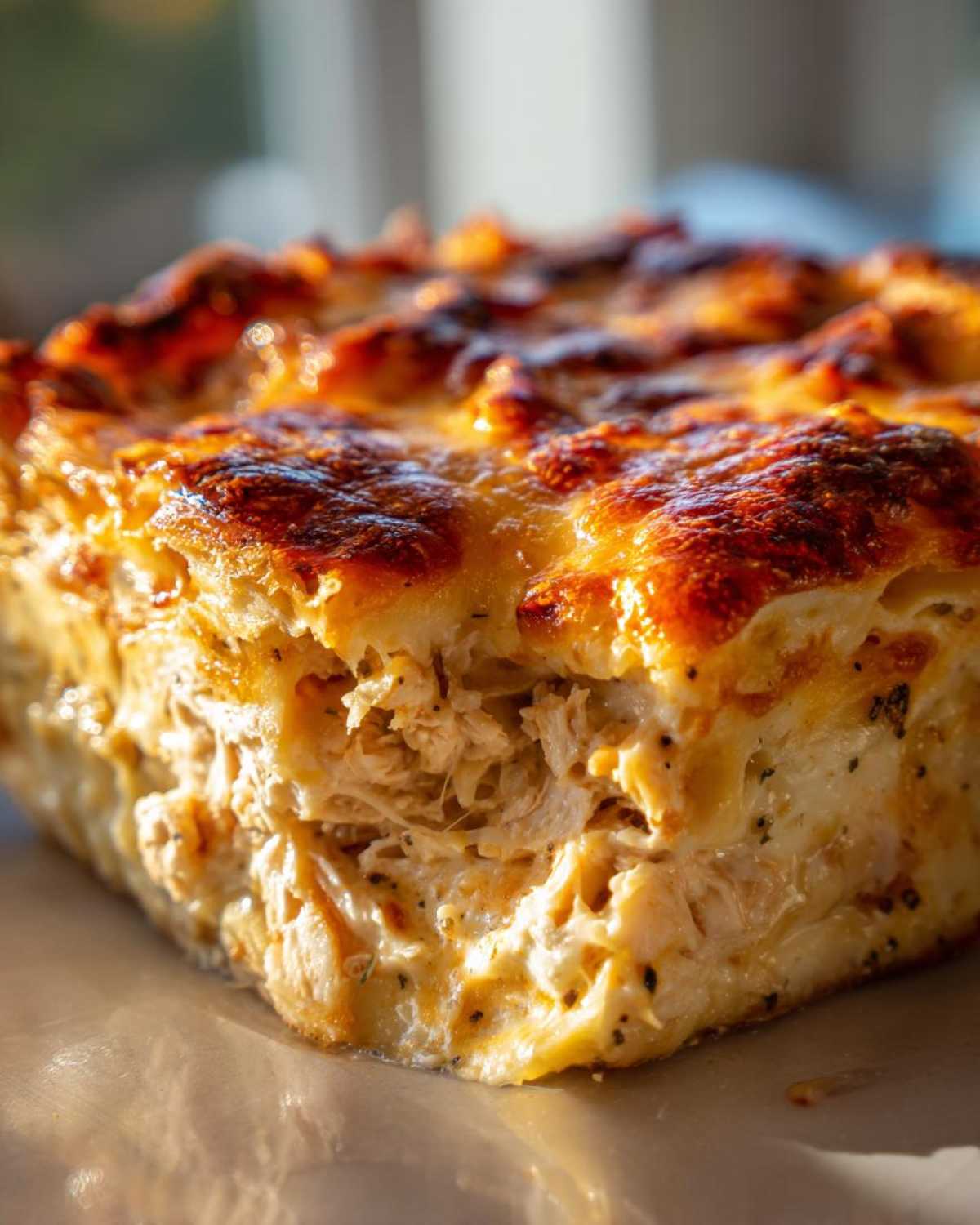A close-up shot of a thick slice of Cheesy Chicken Tortilla Bake showing shredded chicken and a bubbly, browned cheese topping.