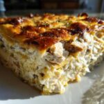 Close-up of a hearty slice of Cheesy Chicken Tortilla Bake showing layers of creamy filling and browned cheese topping.