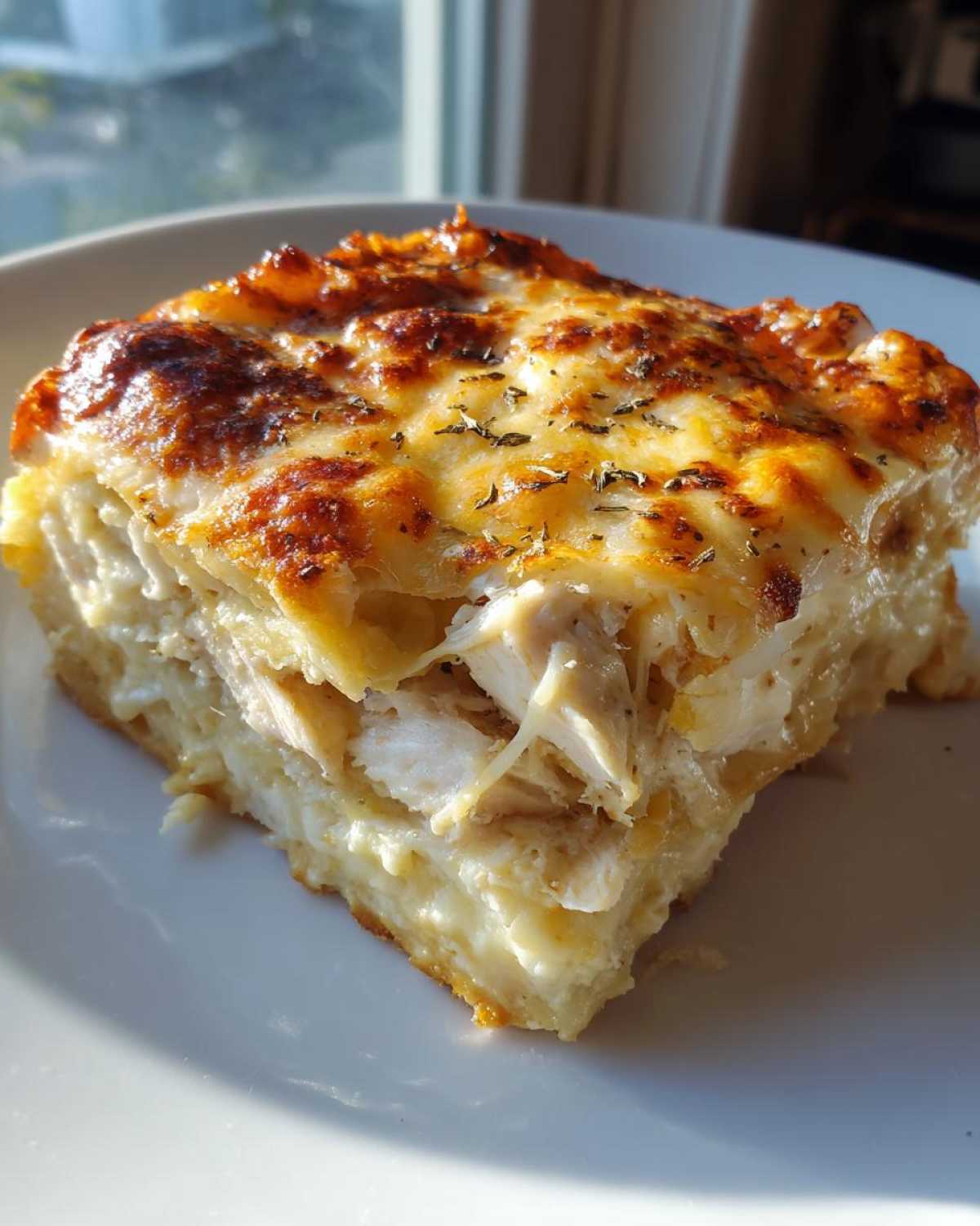 A generous slice of Cheesy Chicken Tortilla Bake showing layers of shredded chicken and creamy sauce under a bubbly, browned cheese topping.