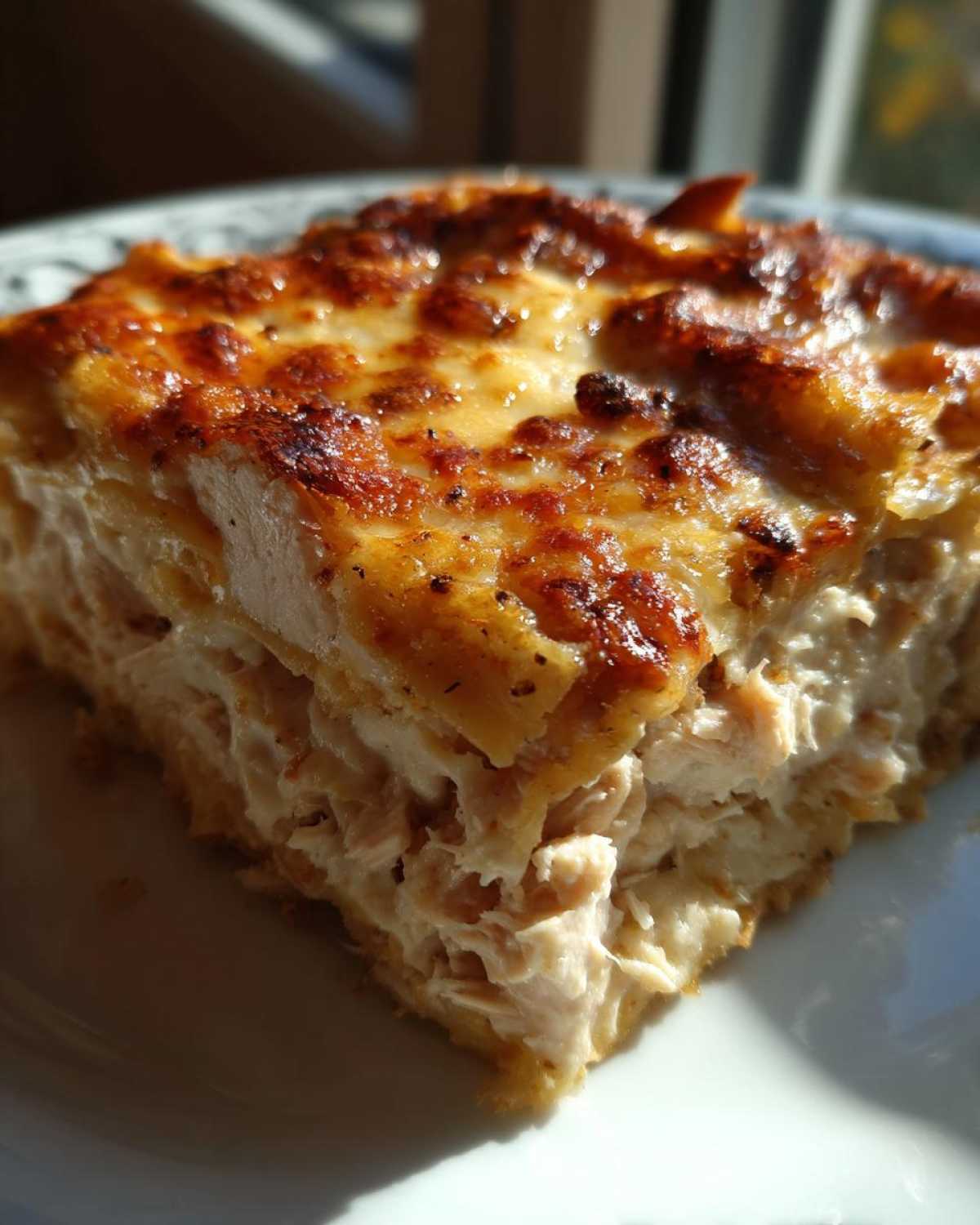 Close-up of a square slice of Cheesy Chicken Tortilla Bake showing shredded chicken filling and a bubbly, browned cheese topping.