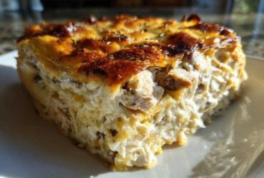 Close-up of a hearty slice of Cheesy Chicken Tortilla Bake showing layers of creamy filling and browned cheese topping.
