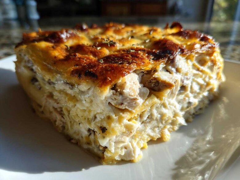 Close-up of a hearty slice of Cheesy Chicken Tortilla Bake showing layers of creamy filling and browned cheese topping.