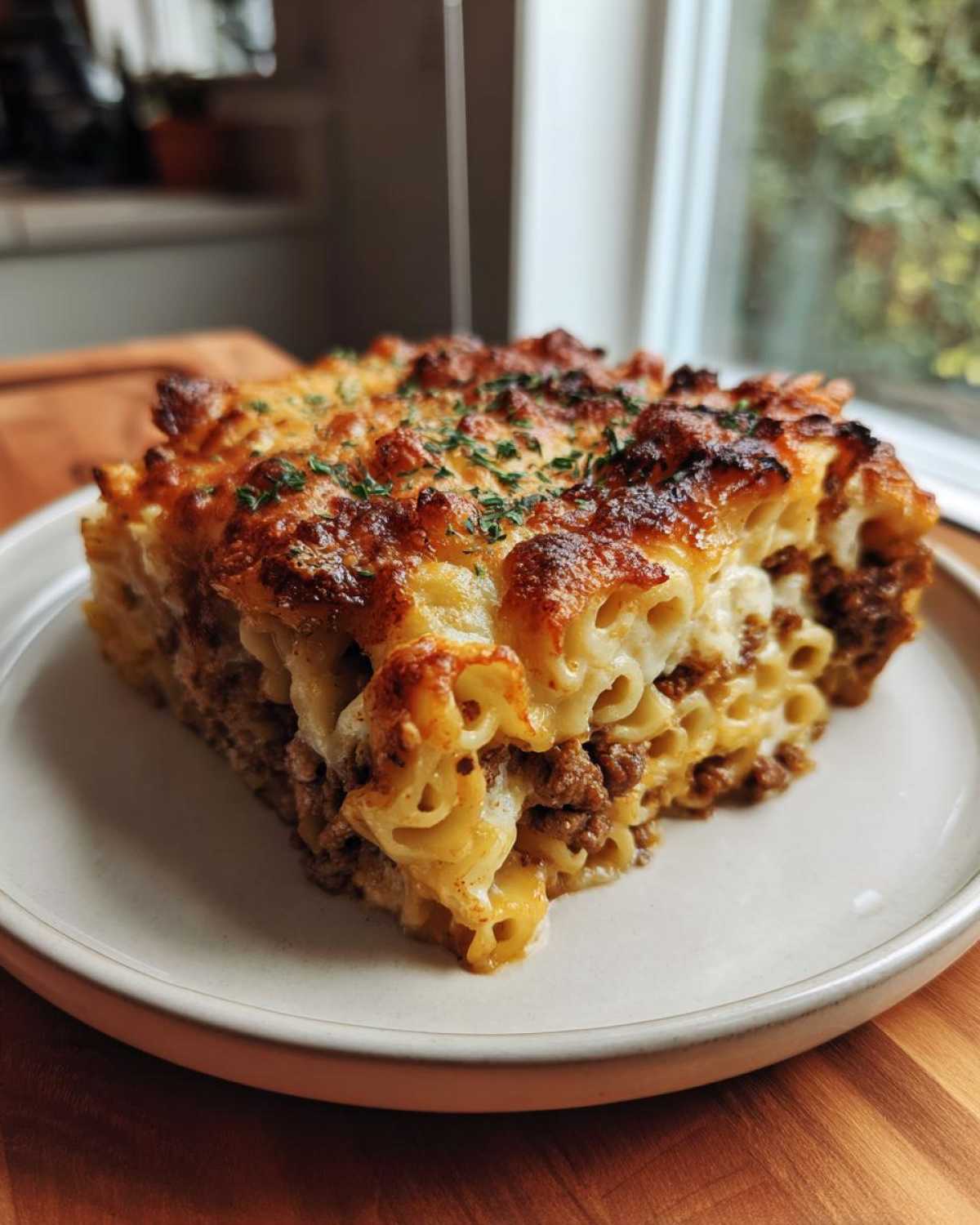 A hearty square slice of Cheesy Ground Beef Pasta Bake with a bubbly, browned cheese crust and ground meat filling.