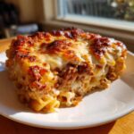 A hearty slice of Cheesy Ground Beef Pasta Bake with a bubbly, browned cheese crust served on a white plate.