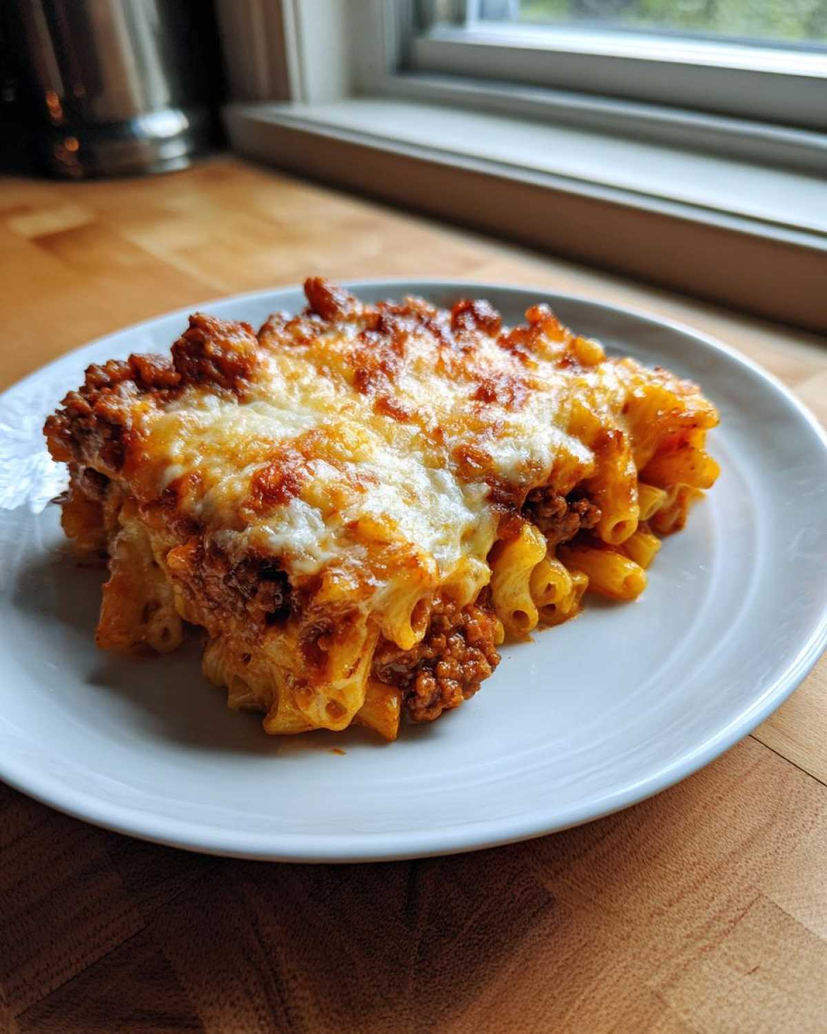 A hearty slice of Cheesy Ground Beef Pasta Bake featuring ziti pasta, rich meat sauce, and a bubbly, browned cheese topping.