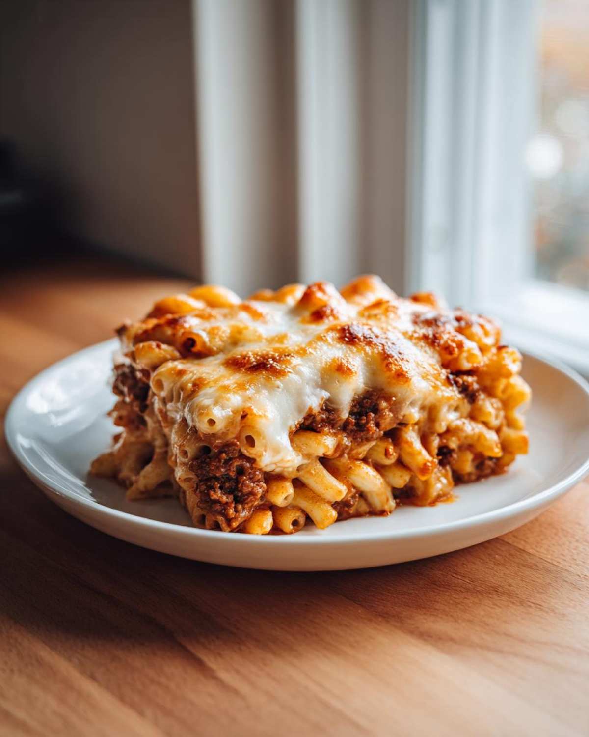 A generous slice of Cheesy Ground Beef Pasta Bake with creamy sauce, topped with bubbly, melted cheese.