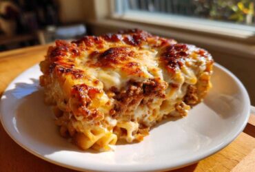 A hearty slice of Cheesy Ground Beef Pasta Bake with a bubbly, browned cheese crust served on a white plate.
