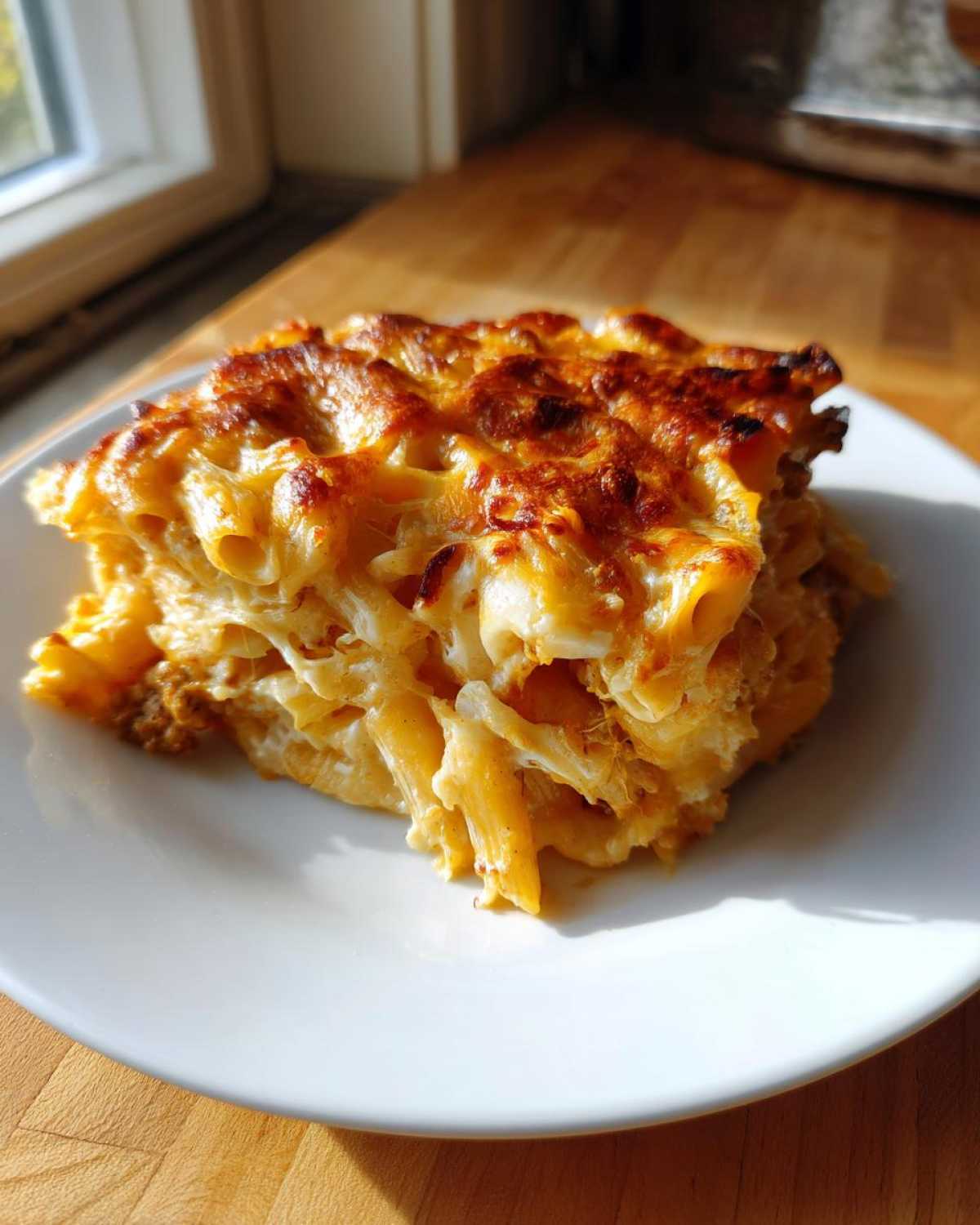 A square serving of Cheesy Ground Beef Pasta Bake with a golden, bubbly cheese crust on a white plate.