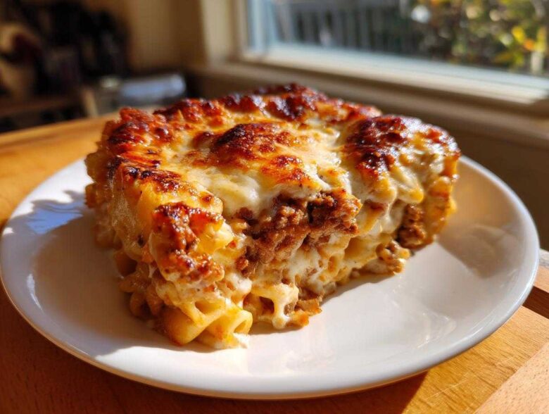 A hearty slice of Cheesy Ground Beef Pasta Bake with a bubbly, browned cheese crust served on a white plate.