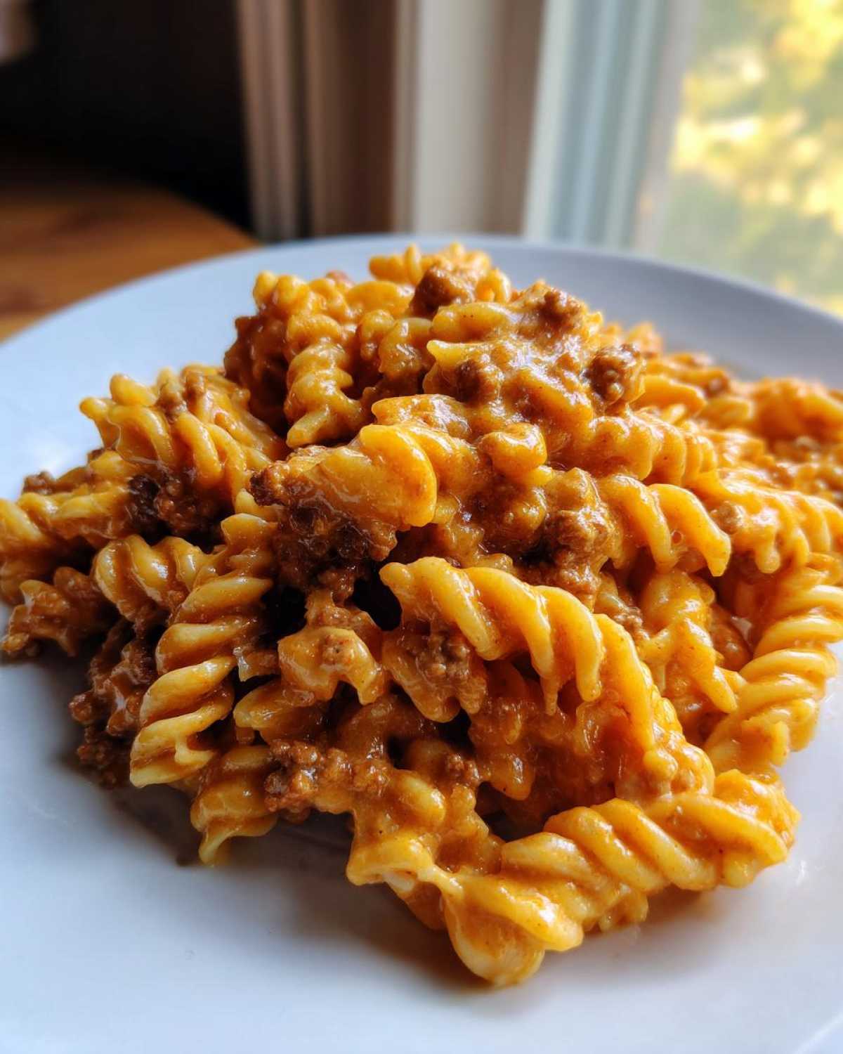Close-up of Cheesy Ground Beef Pasta with Creamy Sauce, featuring rotini pasta coated in a rich, orange sauce with ground meat.