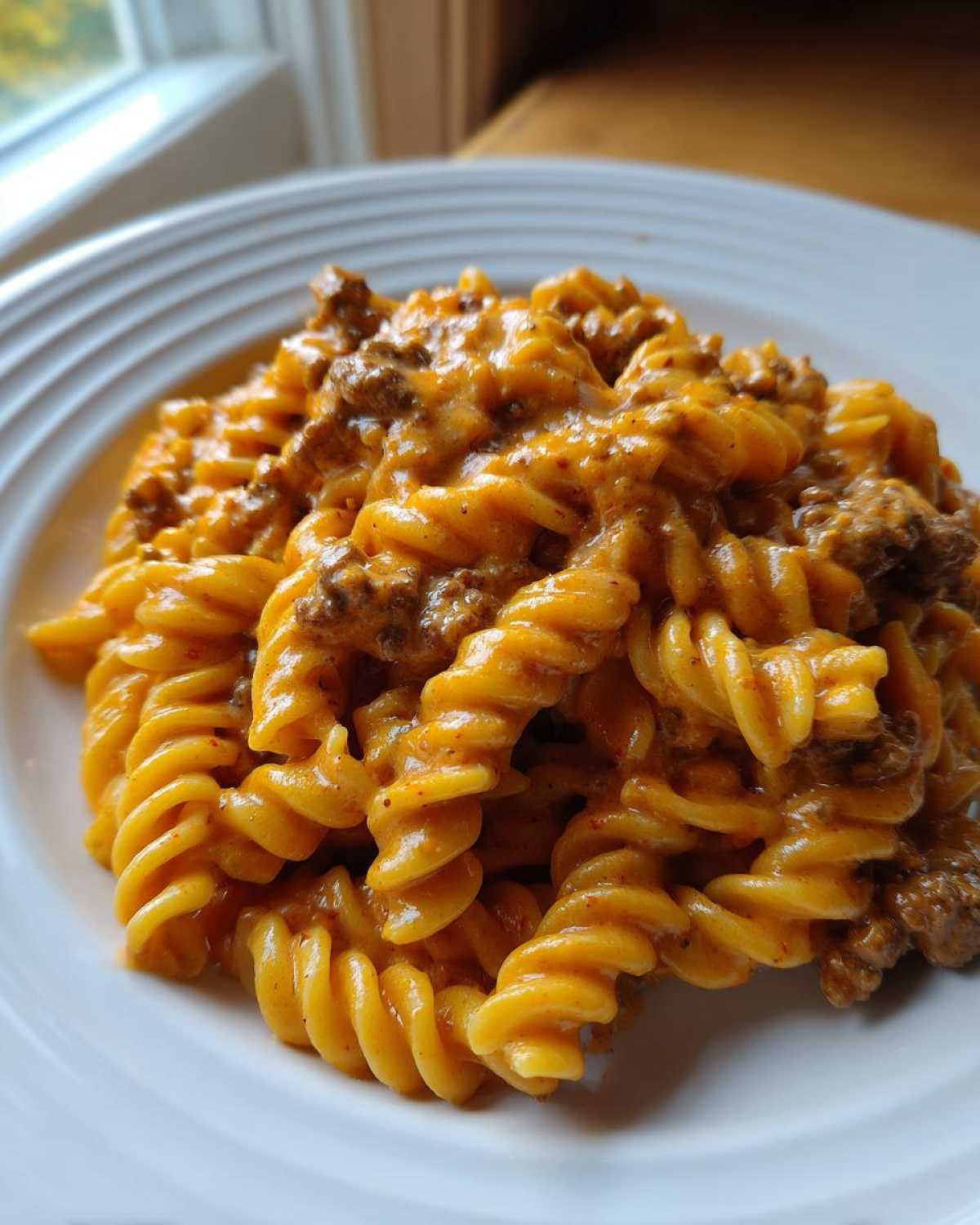 Close-up of Cheesy Ground Beef Pasta with Creamy Sauce featuring rotini pasta coated in an orange cheese sauce and mixed with ground beef.