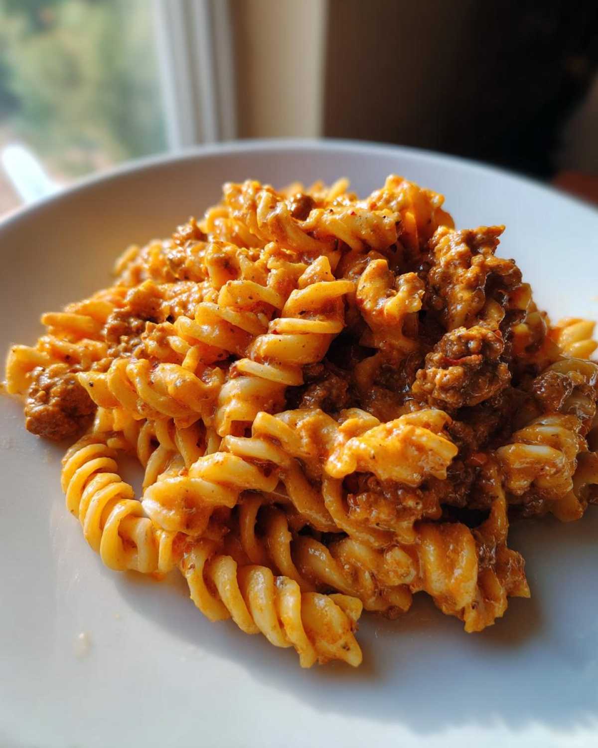 Close-up of a portion of Cheesy Ground Beef Pasta with Creamy Sauce featuring rotini pasta mixed with ground beef and a rich, orange sauce.