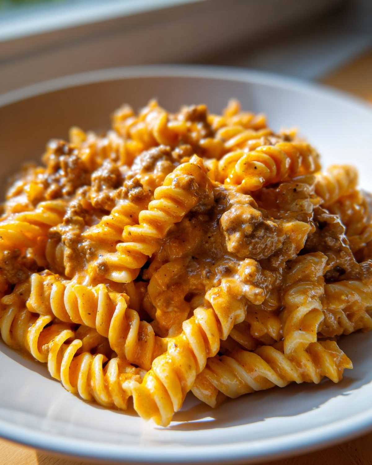 Close-up of rotini pasta coated in a rich, orange Cheesy Ground Beef Pasta with Creamy Sauce in a white bowl.