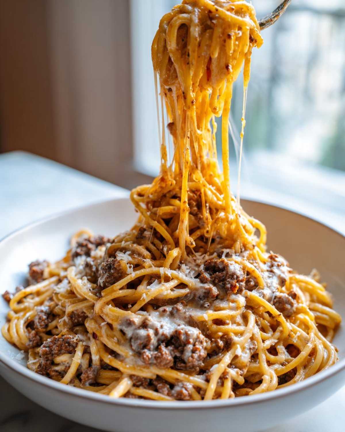 A fork lifts spaghetti covered in Cheesy Ground Beef Pasta with Garlic Cream Sauce, showing a dramatic cheese pull.