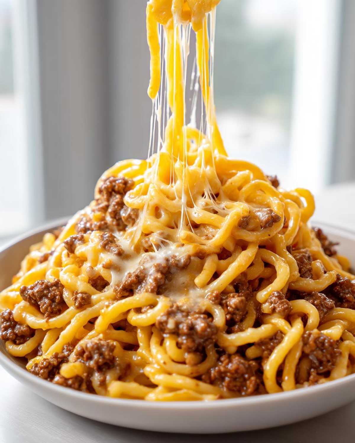 A close-up of Cheesy Ground Beef Pasta with Garlic Cream Sauce being lifted, showing extreme cheese pull.