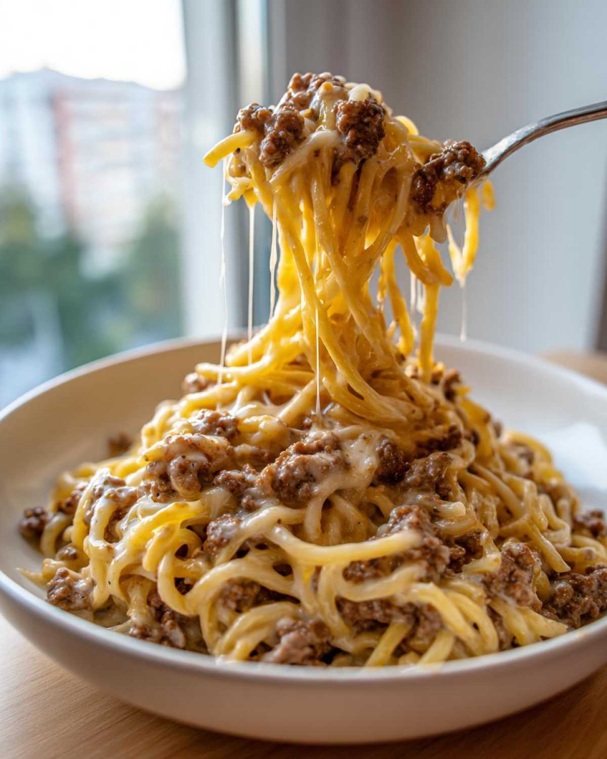 A fork lifting spaghetti covered in a rich, cheesy ground beef pasta with garlic cream sauce, showing long cheese pulls.