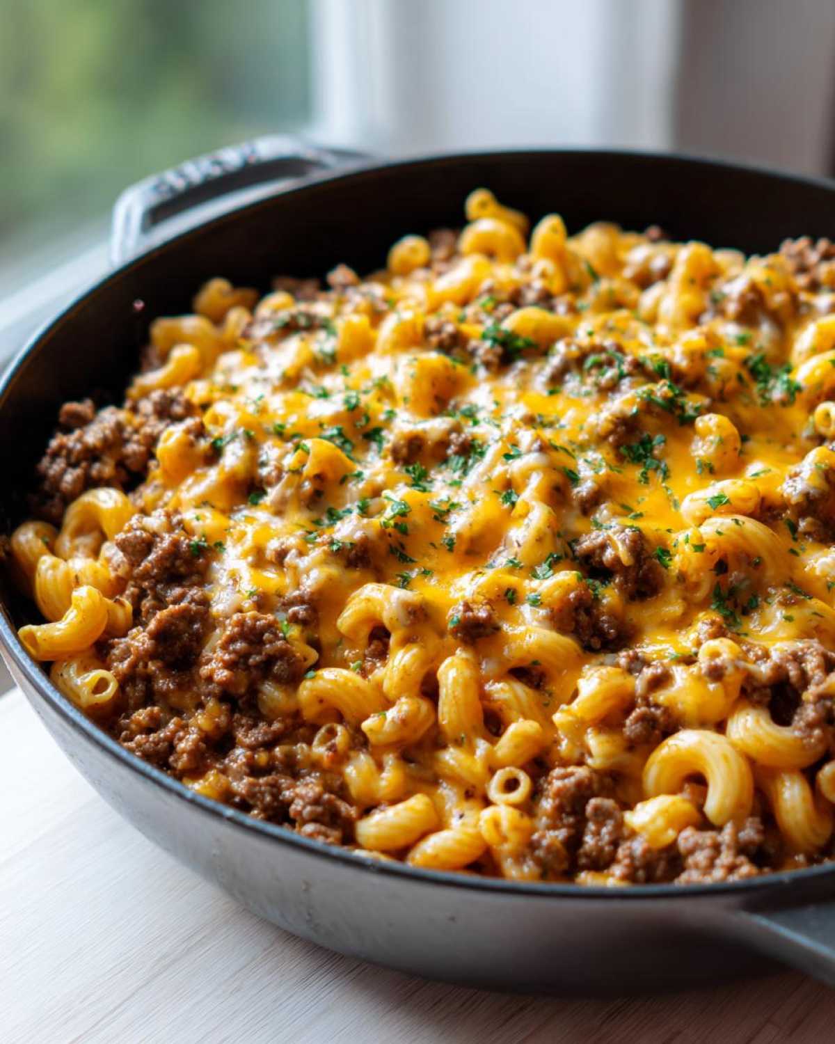 Close-up of a Cheesy Ground Beef Pasta Skillet topped with melted cheddar cheese and fresh parsley.