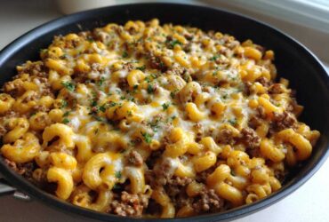 A close-up of a Cheesy Ground Beef Pasta Skillet featuring elbow macaroni, ground beef, and melted cheddar and mozzarella cheese.