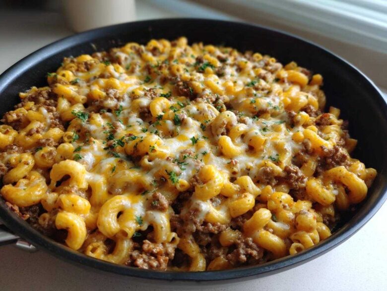 A close-up of a Cheesy Ground Beef Pasta Skillet featuring elbow macaroni, ground beef, and melted cheddar and mozzarella cheese.