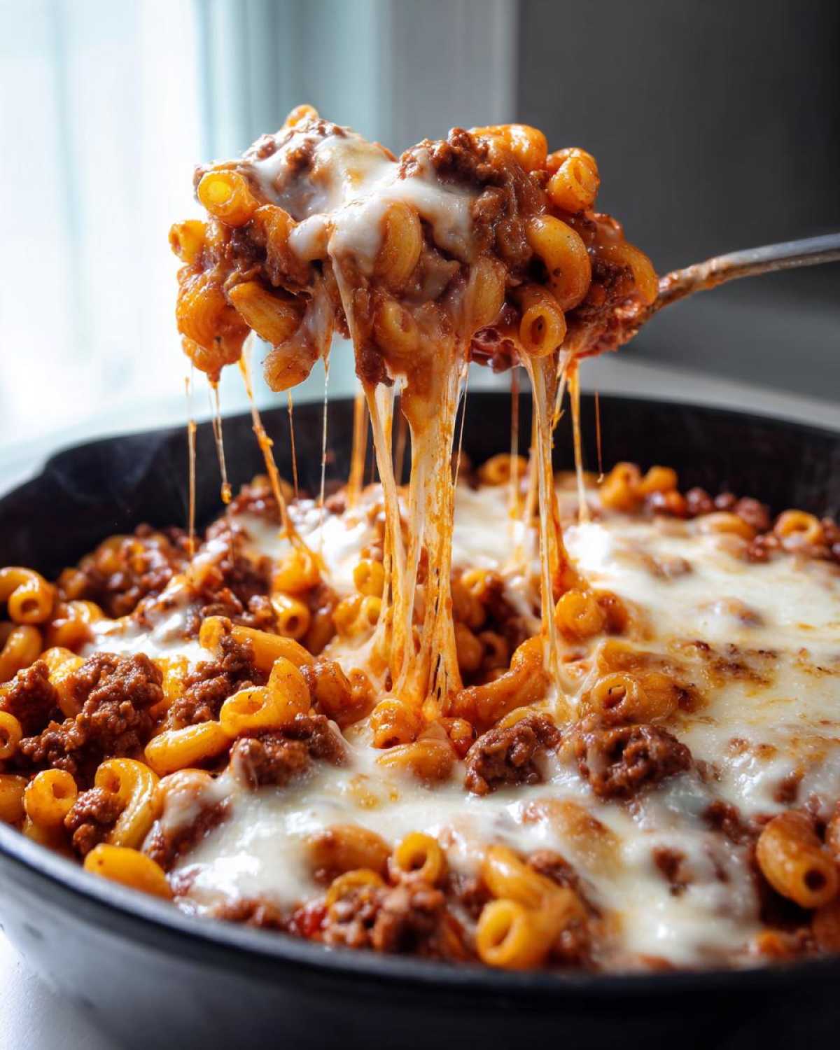 A spoonful of Cheesy Ground Beef Pasta Skillet with Mozzarella showing extreme cheese pull over the main dish in the skillet.