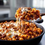 A wooden spoon lifts a scoop of Cheesy Ground Beef Pasta Skillet with Mozzarella, showing long, dramatic cheese pulls.